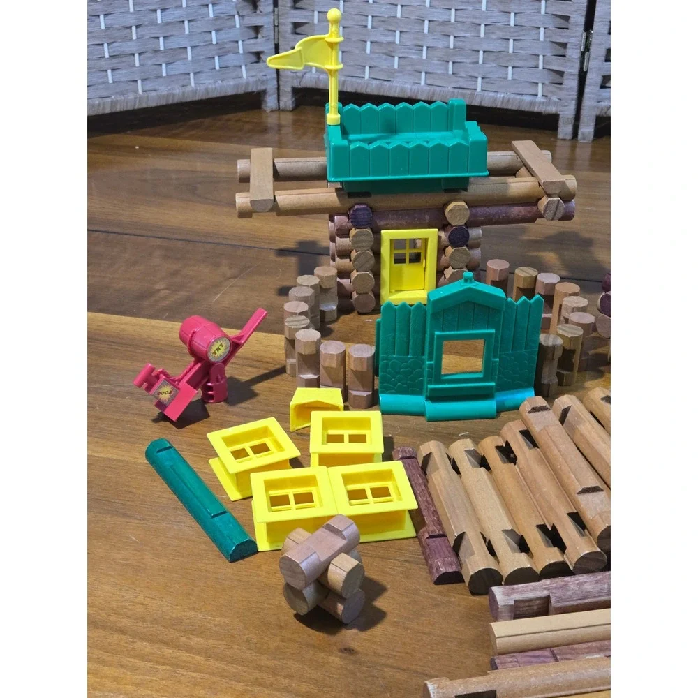 Lincoln Logs Wooden Building Set Bulk Lot Log Cabin Frontier Toy with Windows